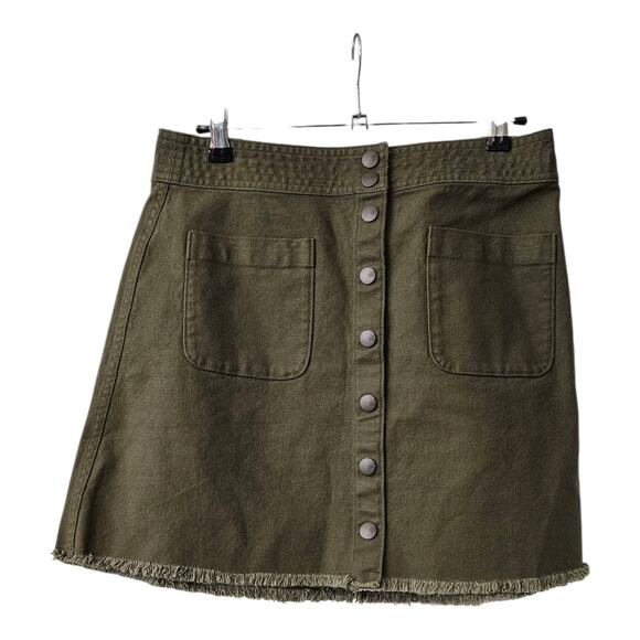 Madewell Dresses & Skirts - MADEWELL Raw Hem A-Line Mini Skirt Olive Green Snap Closure Pockets Size 6